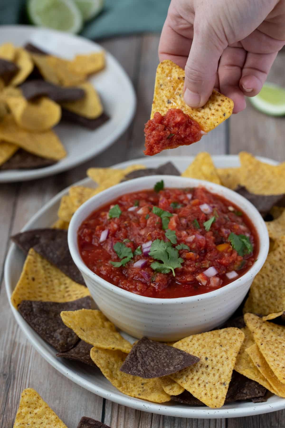 a hand dipping a corn chip into a bowl of salsa.