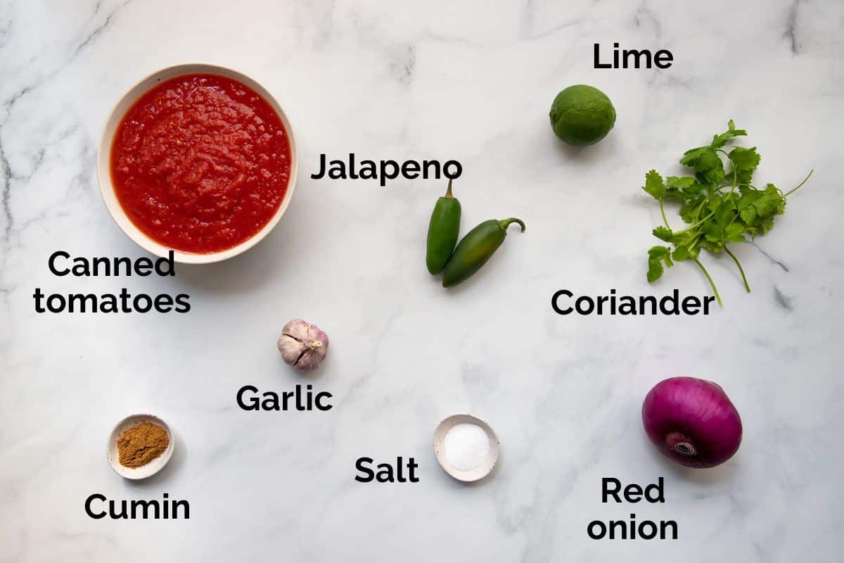 all ingredients for canned tomato salsa, laid out on a table.