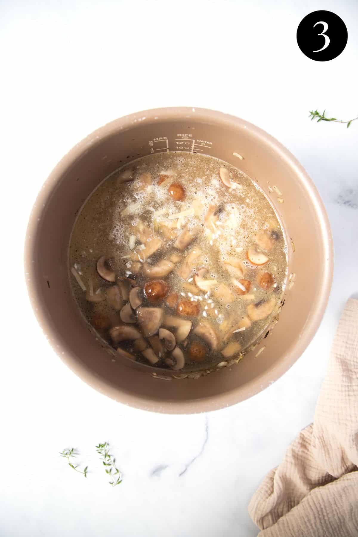 all ingredients for mushroom risotto in a slow cooker pot.