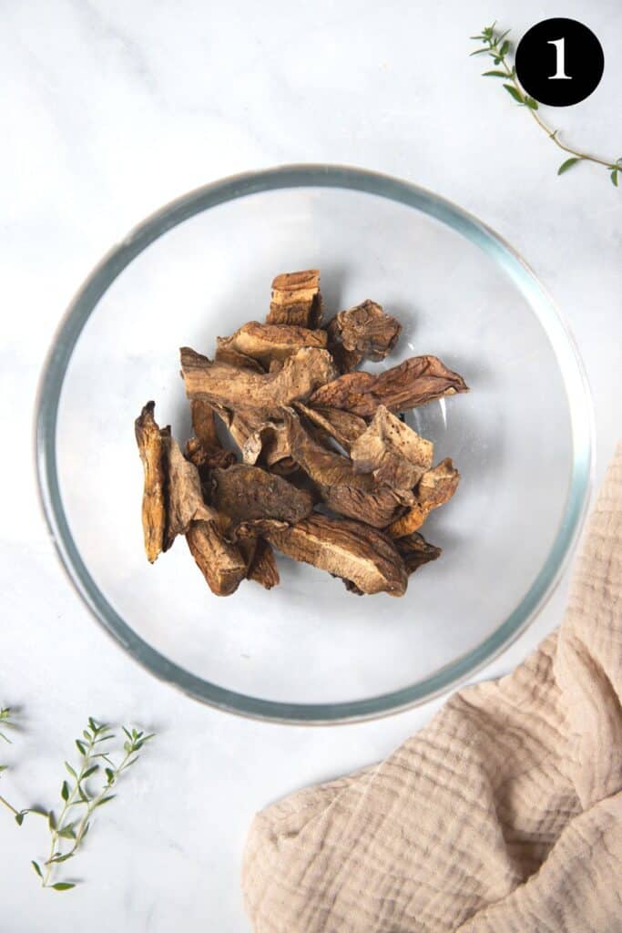 dried porcini mushrooms in a bowl.