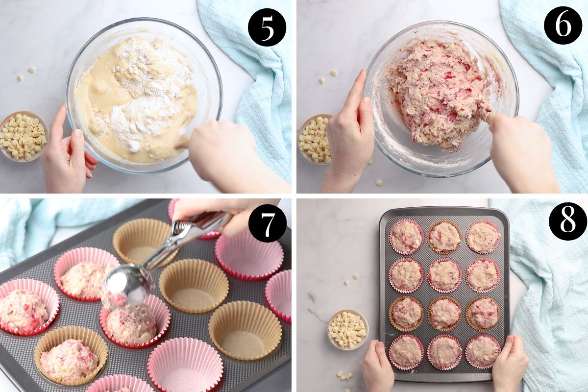 muffin batter being added to a tray lined with paper cases.