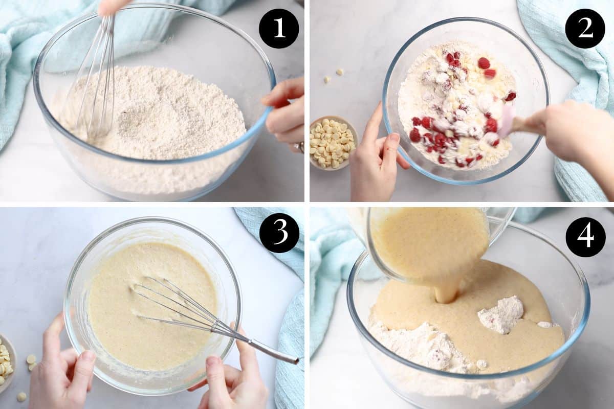 a grid of photos showing muffin batter being made in a mixing bowl. The wet ingredients are being poured into the dry ingredients.