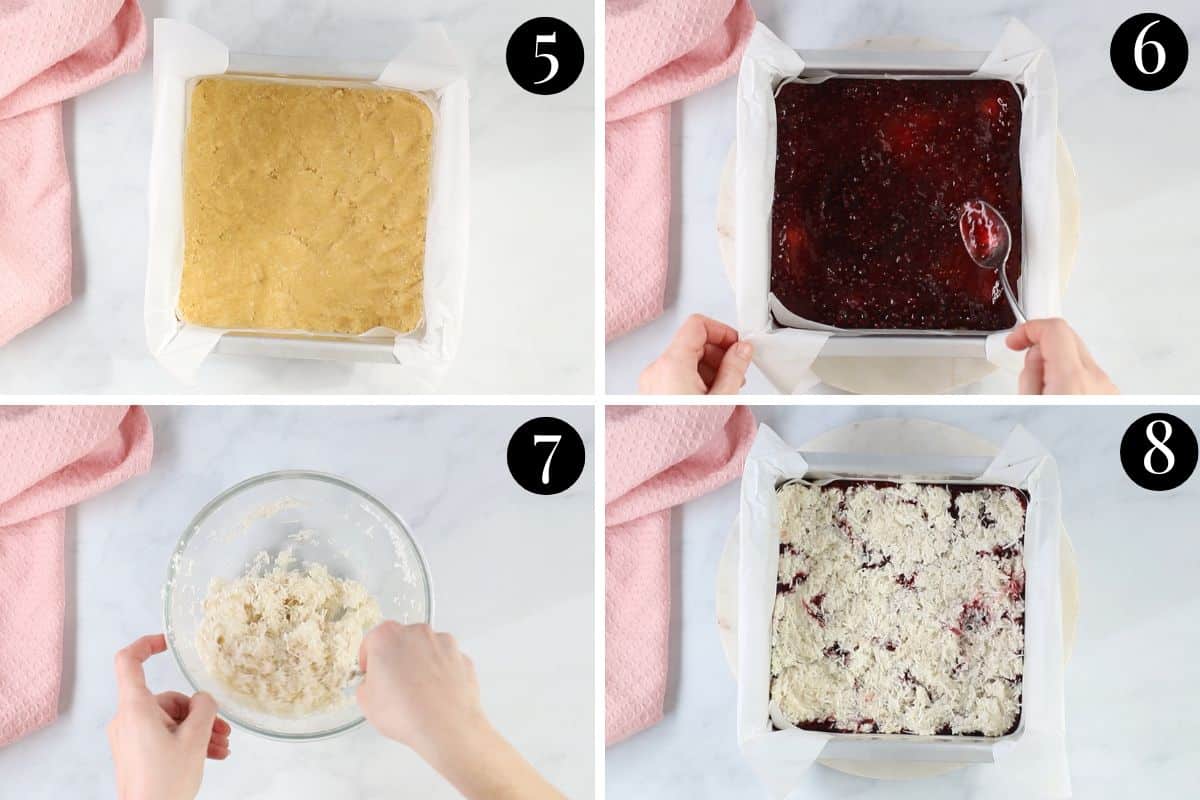 jam and coconut slice being assembled in a square baking tin.