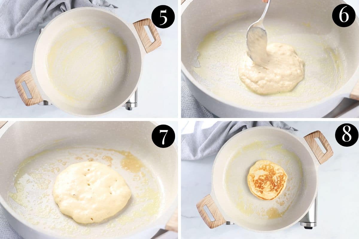 a grid of images showing  pancakes being cooked in a pan.