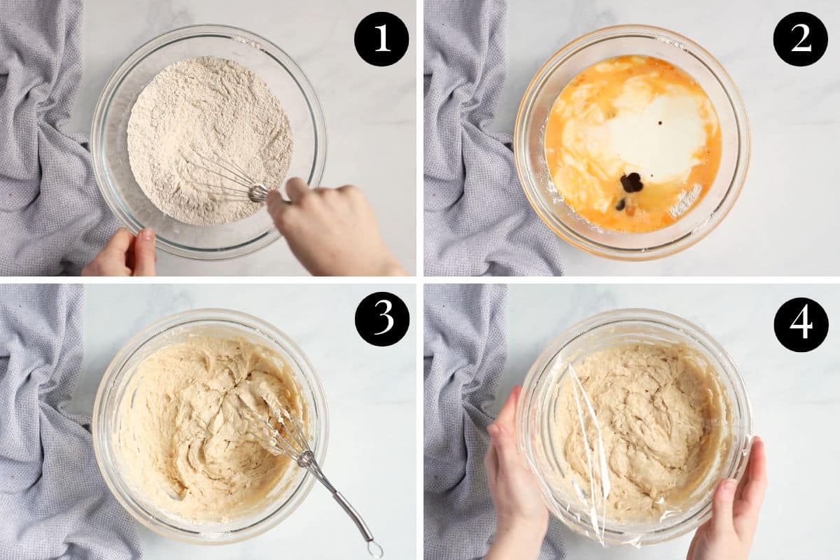 a grid of images showing pancake batter being made in a bowl.