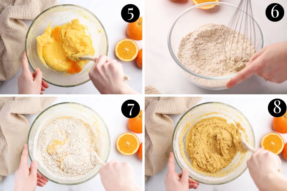 a grid of images showing orange cake batter being mixed in a bowl.