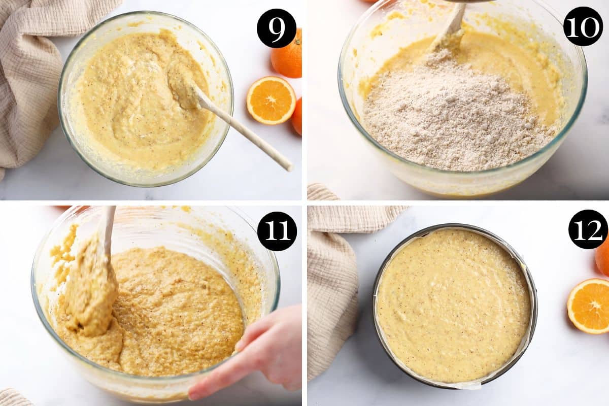 orange cake batter in a bowl and added to a cake tin.