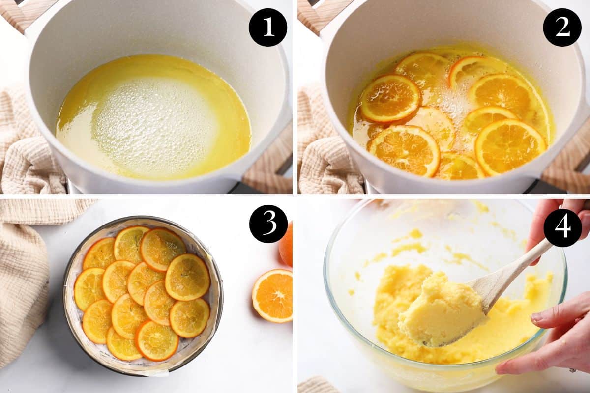 a grid of images showing orange slices cooking in orange syrup.