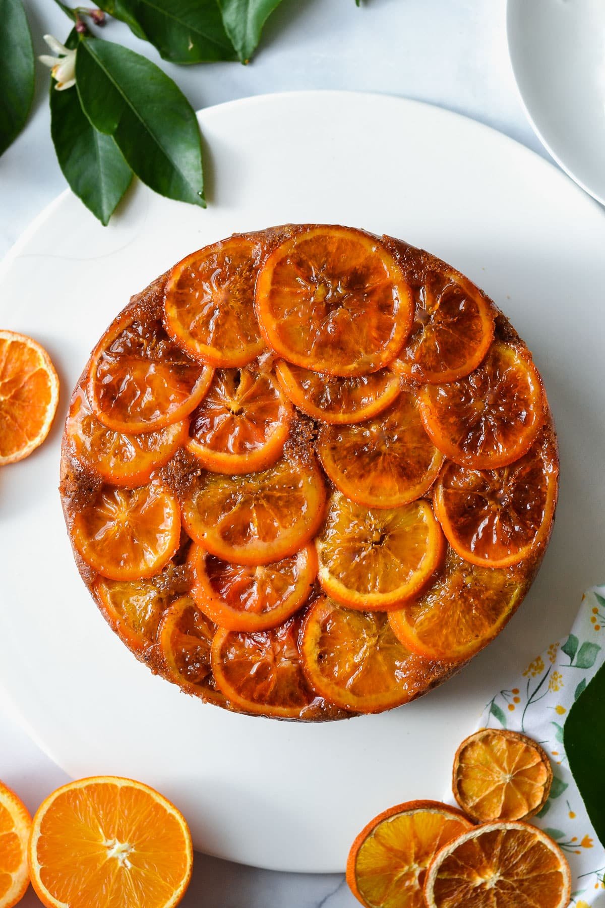 a whole cake, topped with orange slices, on a white plate.