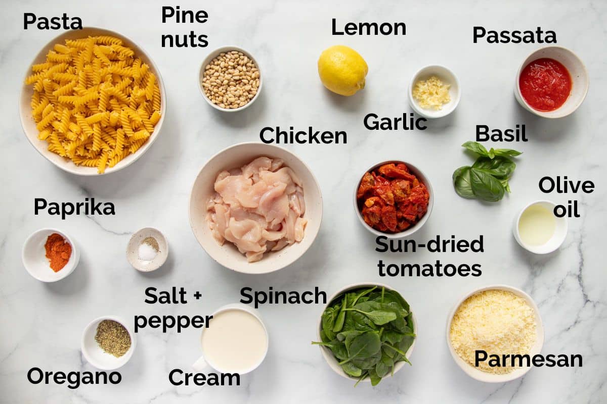 all ingredients for chicken and sun dried tomato pasta, laid out on a table.