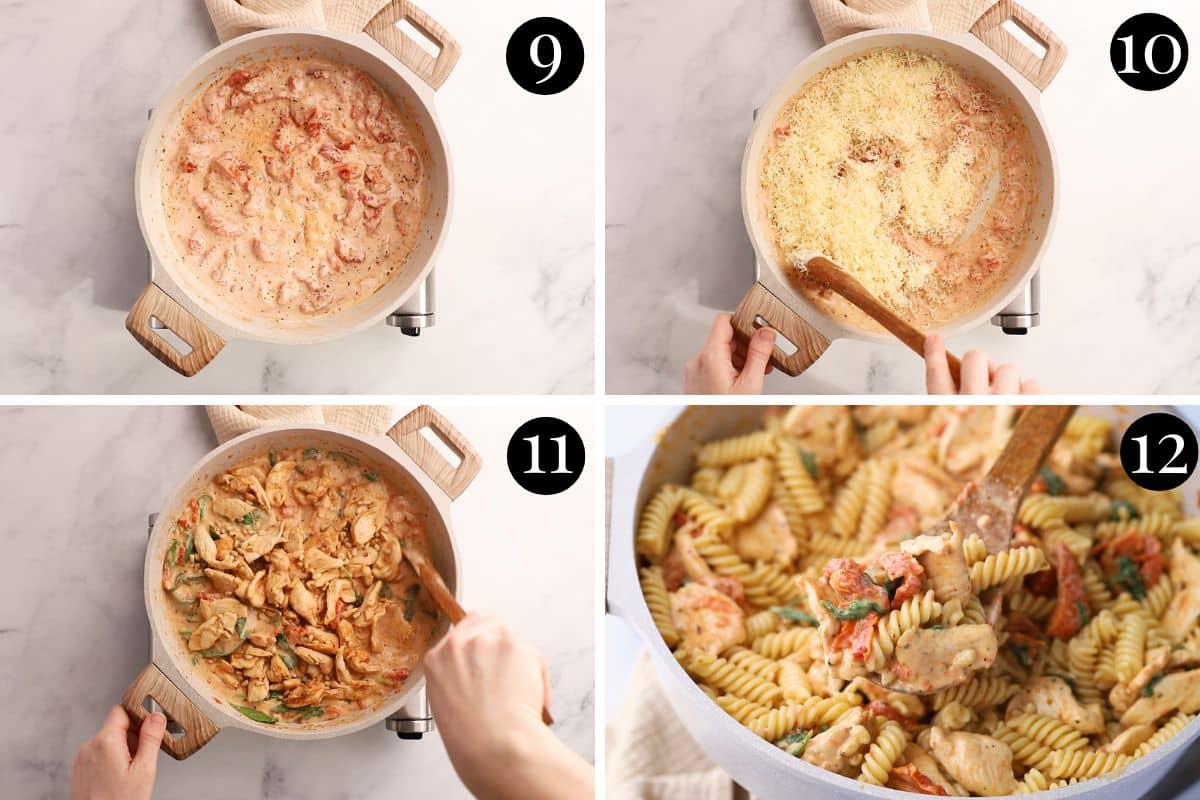 chicken and pasta in a pan being tossed through a creamy sauce.