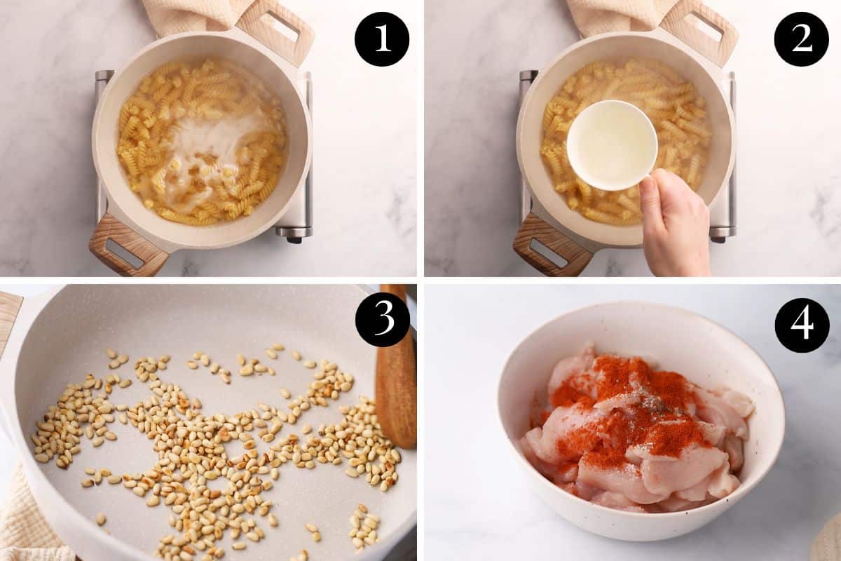 a grid of images showing pasta in a pot, pine nuts in a pan and seasoned chicken in a bowl.