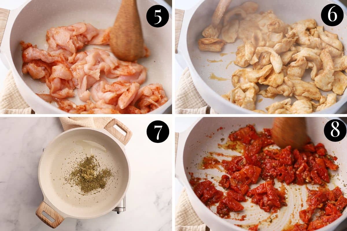 images of chicken and tomatoes being cooked in a pan.