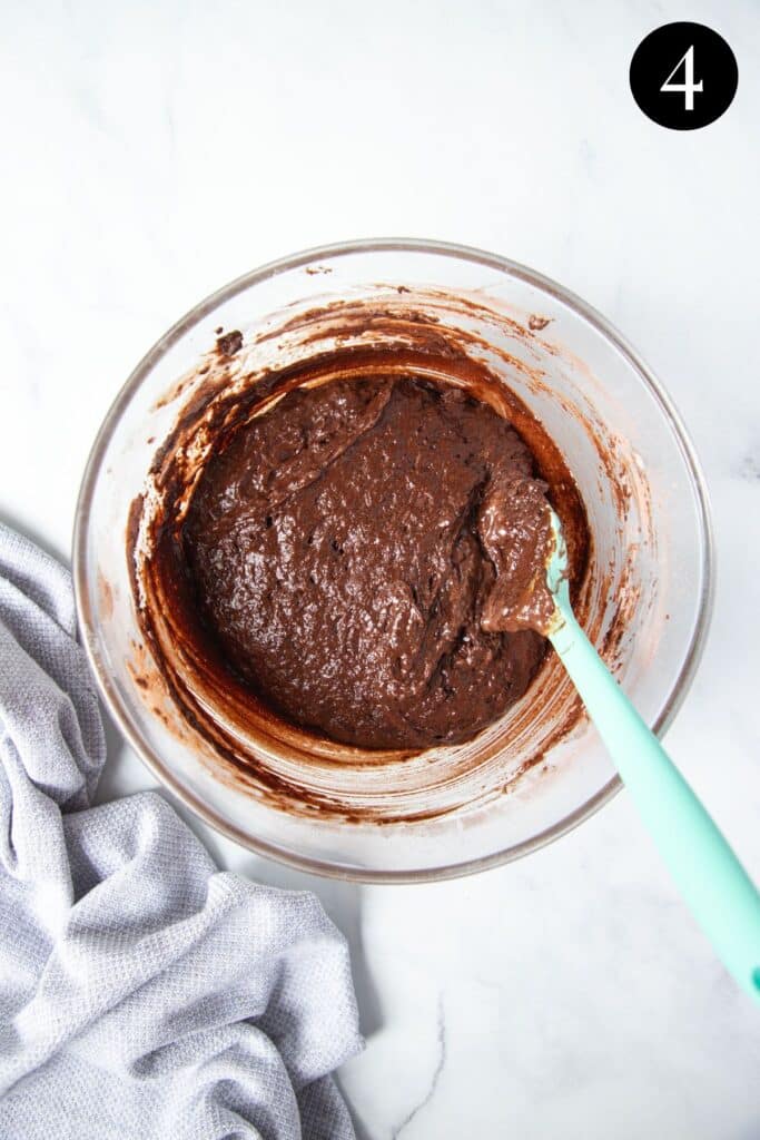 chocolate cupcake batter in a mixing bowl.