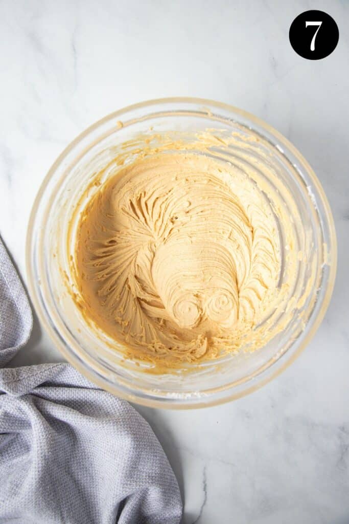 peanut butter frosting in a glass bowl.