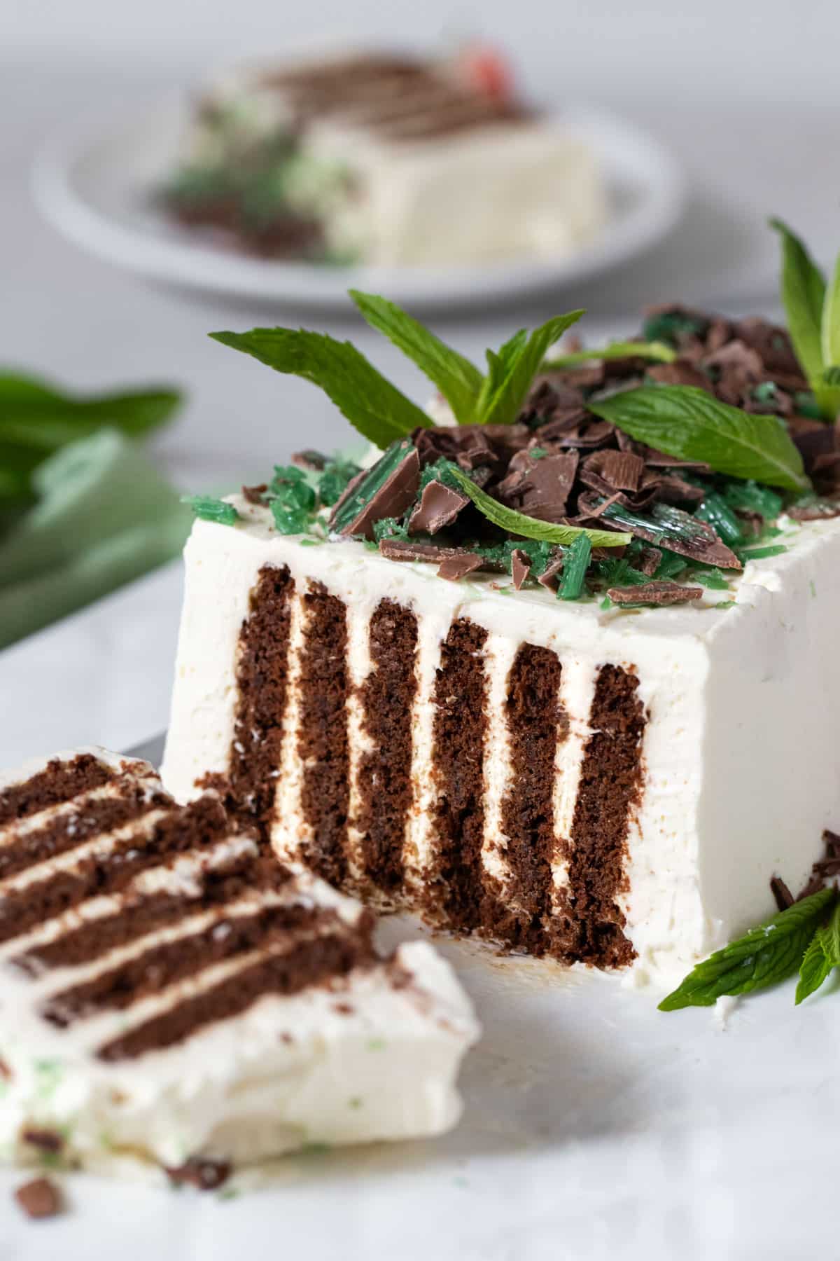 close up of chocolate ripple cake, sliced through the middle.