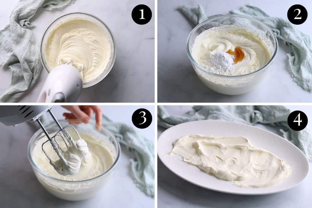 a grid of images showing cream being whipped in a bowl and spread on a dish.