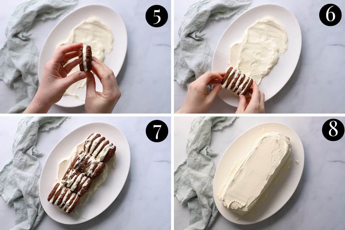 chocolate ripple biscuits being layered with cream and assembled on a serving dish.