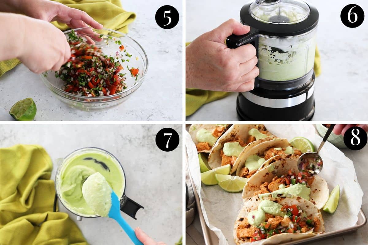 step by step images showing tomato salsa and avocado sauce being prepared.