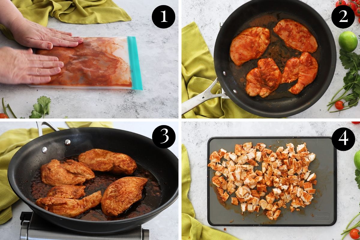 step by step photos of chicken being marinated and cooked in a pan.