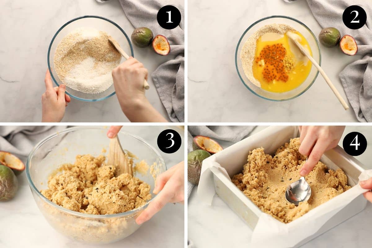 biscuit base ingredients being mixed together and pressed into a square tin.