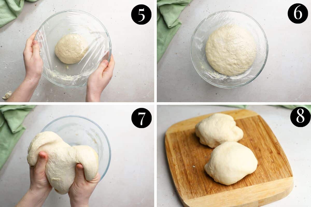pizza dough rising in a bowl and dough being stretched by two hands.