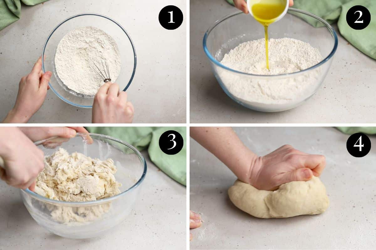 a grid showing dough being mixed in a bowl and kneaded on a bench.