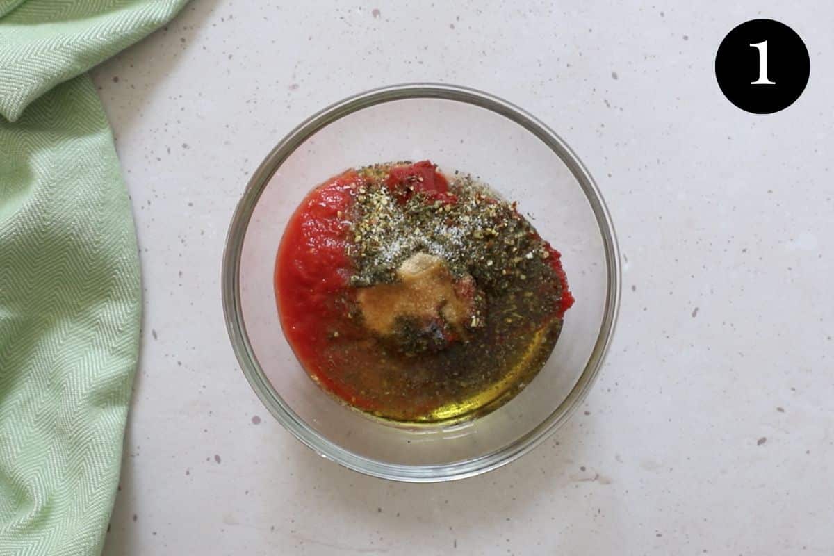 pizza sauce ingredients in a mixing bowl.