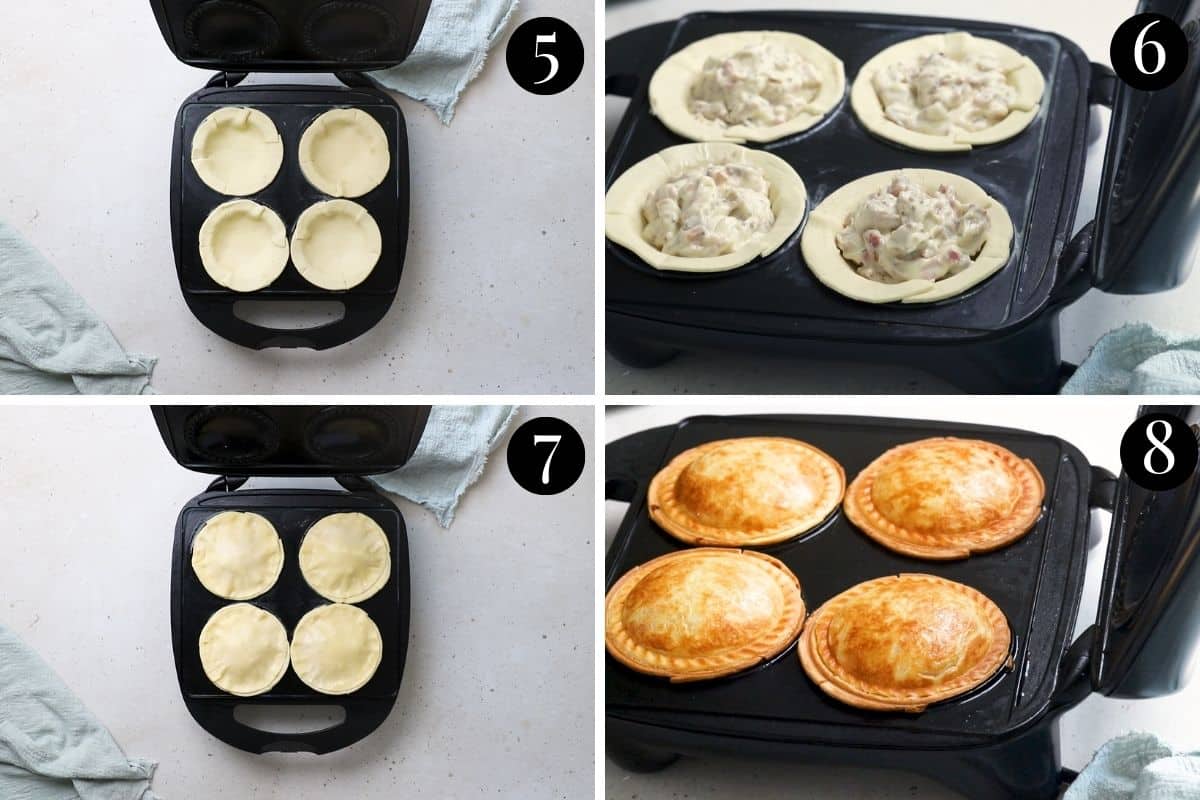 chicken pies being assembled in a pie maker.