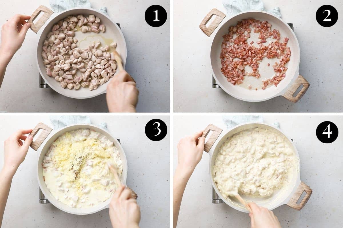 step-by-step photos of chicken pie filling being made in a frying pan.