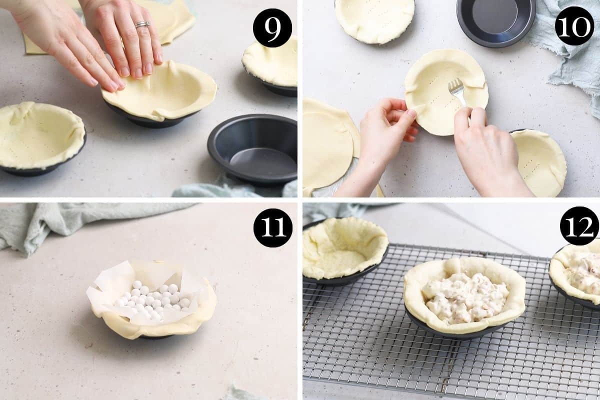 step-by-step images showing chicken pies being assembled by hand in individual tins.