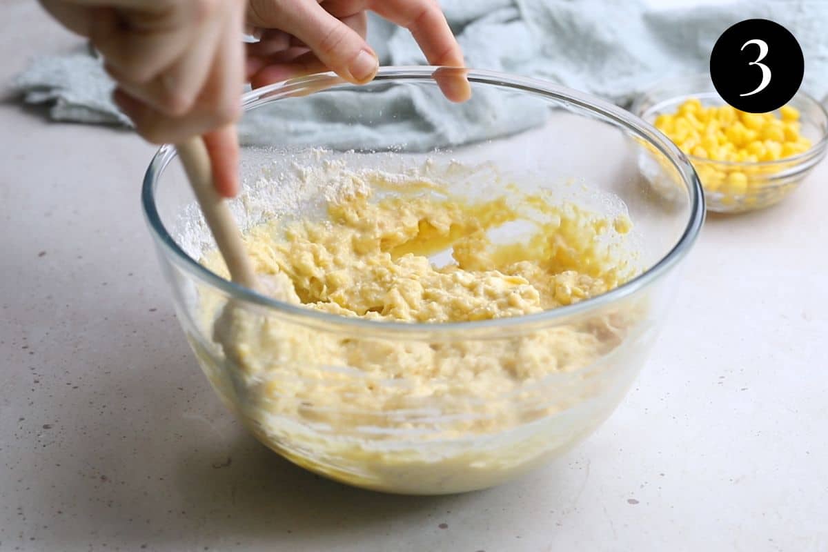 batter being stirred in a bowl.