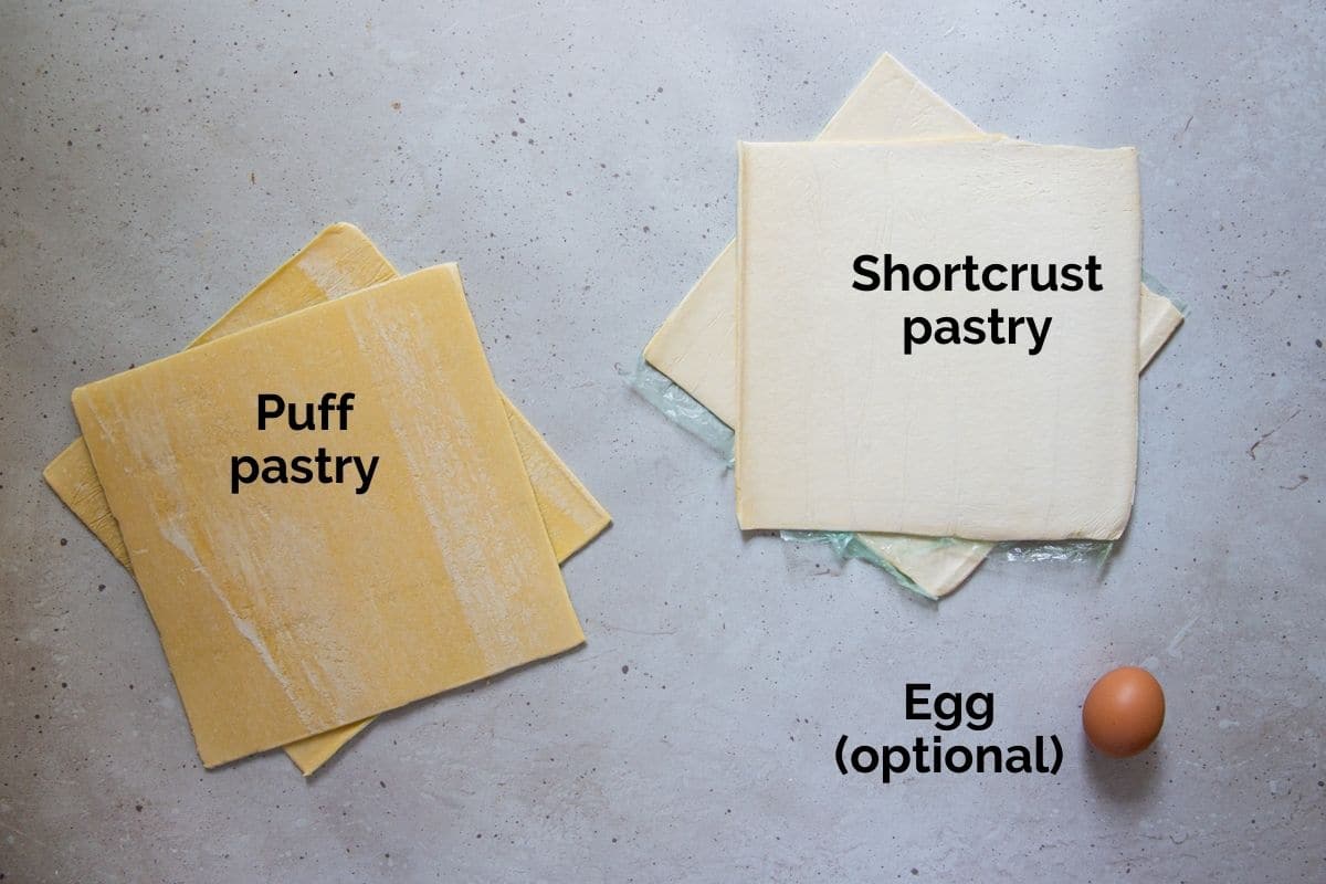 puff pastry and shortcrust pastry sheets, laid out on a table.