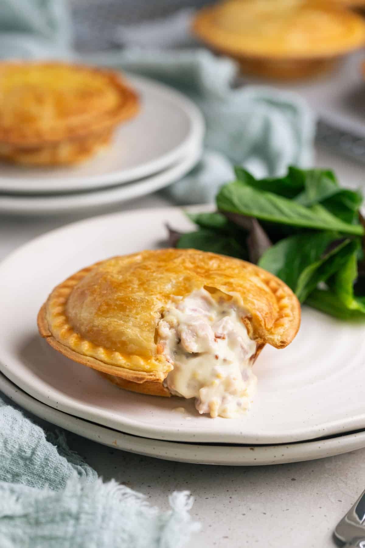 a pie on a plate with salad. The pie is cut open showing a creamy chicken filling.
