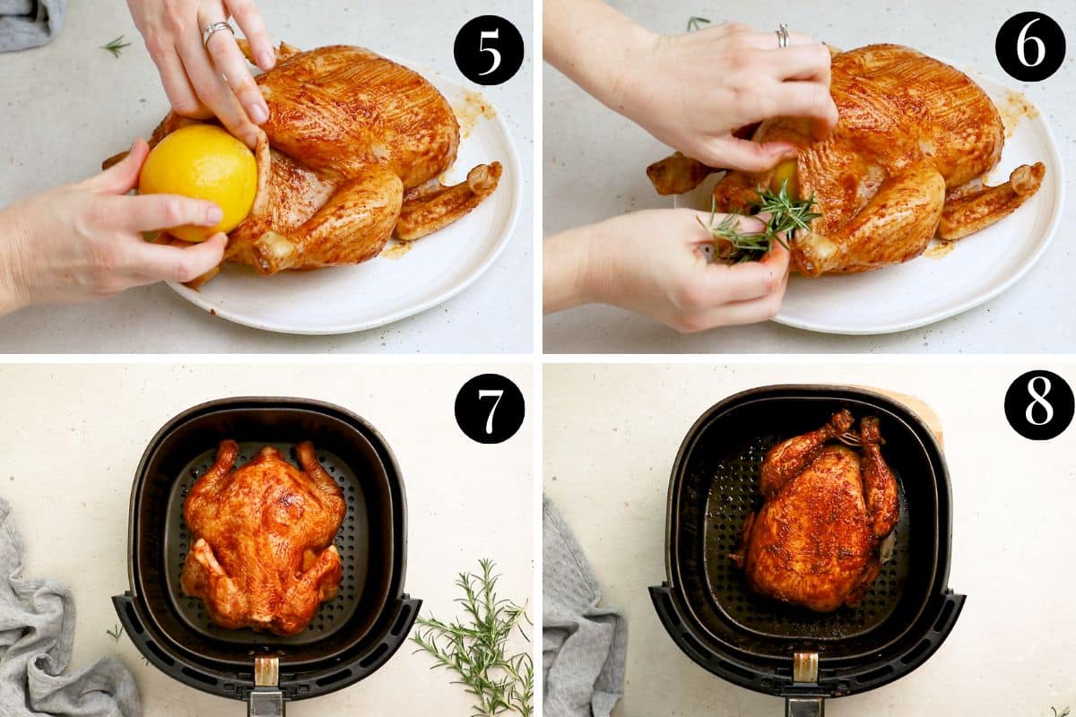a chicken being stuffed with lemon and herbs and sitting in an air fryer basket.