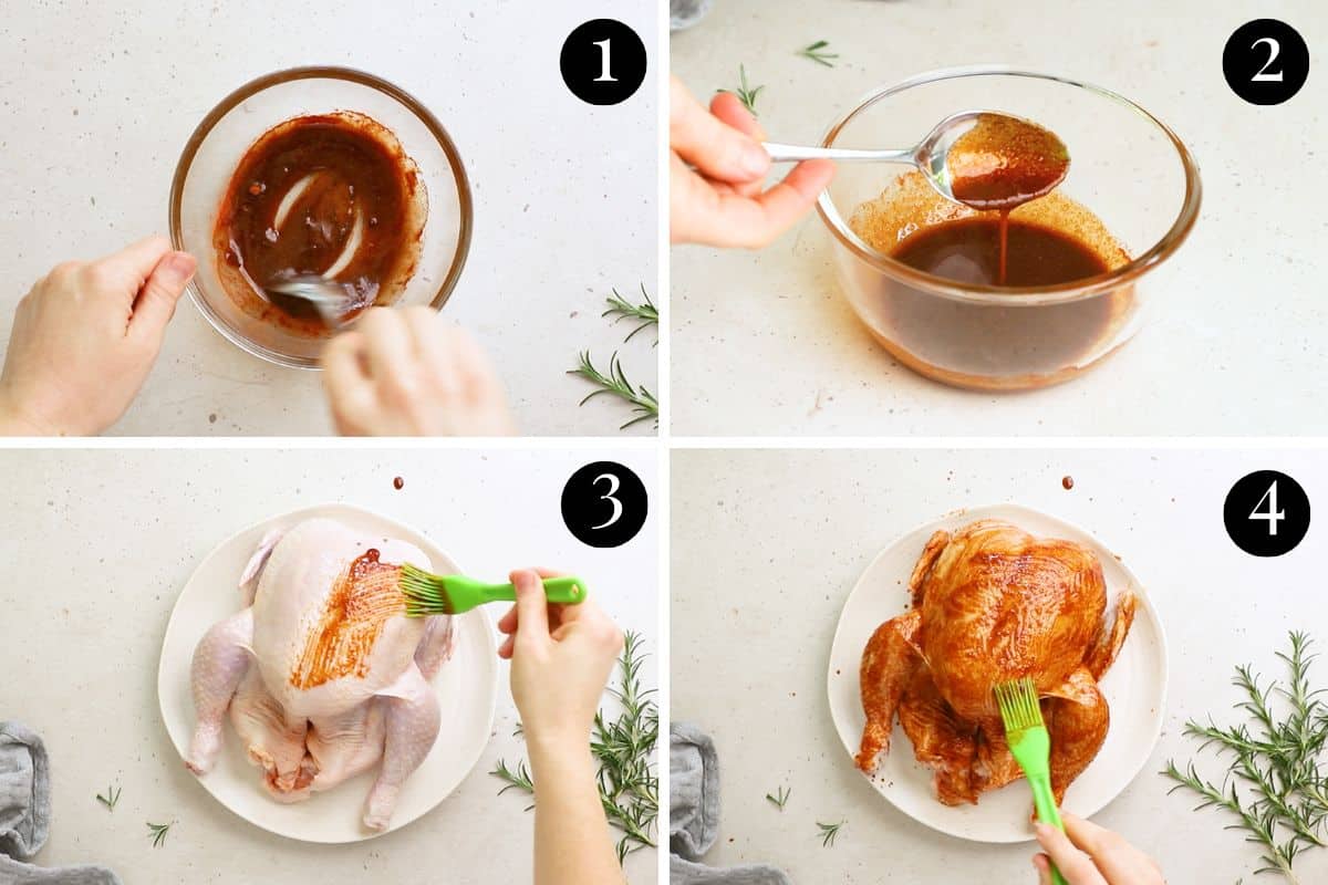 step-by-step photos of seasoning mixture being brushed onto a whole chicken.