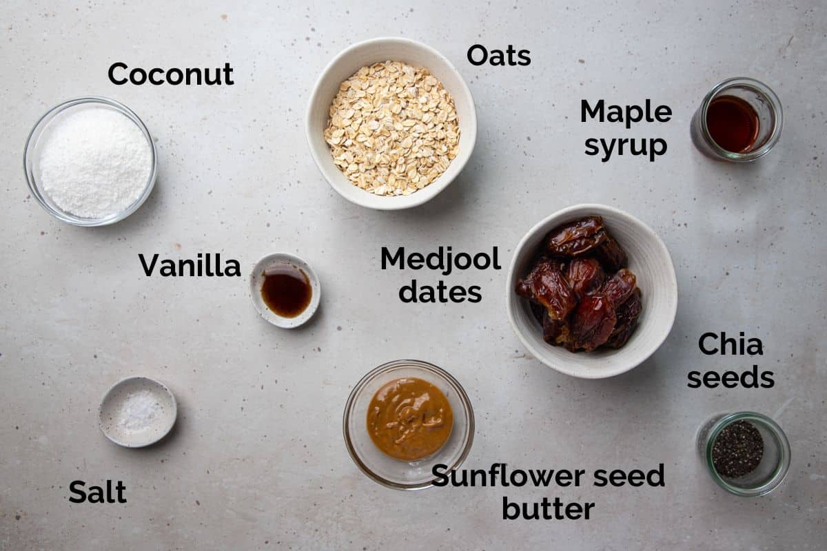 all ingredients for salted caramel bliss balls, laid out on a table.