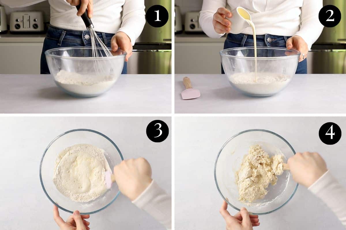 a grid of images showing scone dough being mixed in a bowl.
