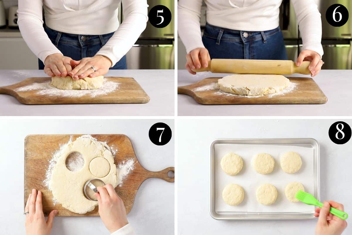 lemonade scones being cut and placed on a baking tray. A hand is brushing the tops with milk.