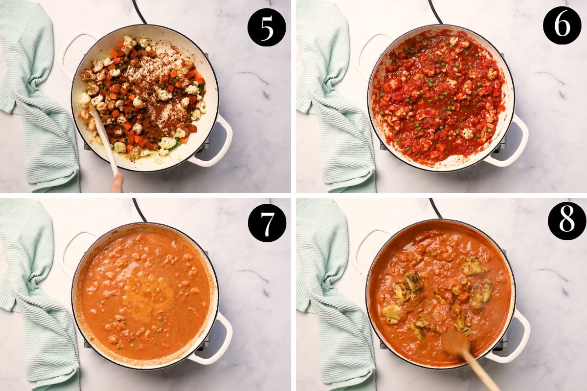 numbered step-by step images of tikka masala being cooked in a pan.