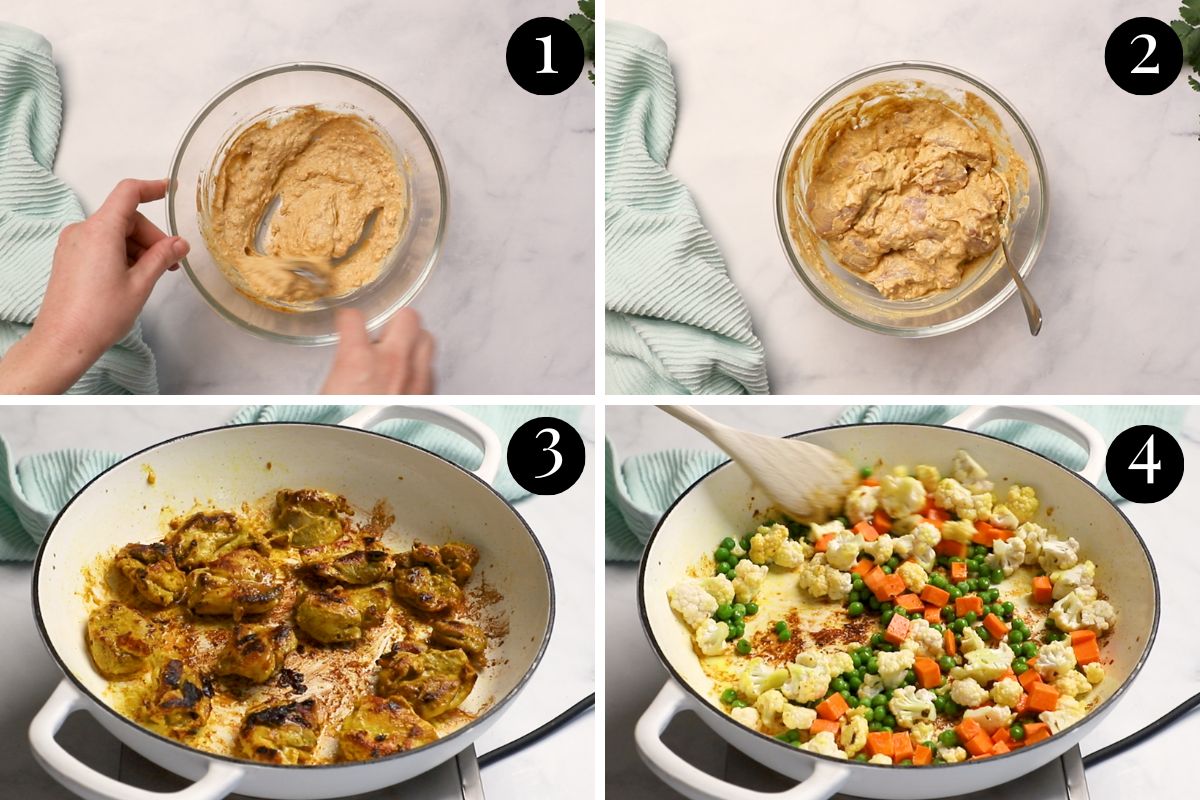 a step by step grid showing marinated chicken being cooked in a pan.