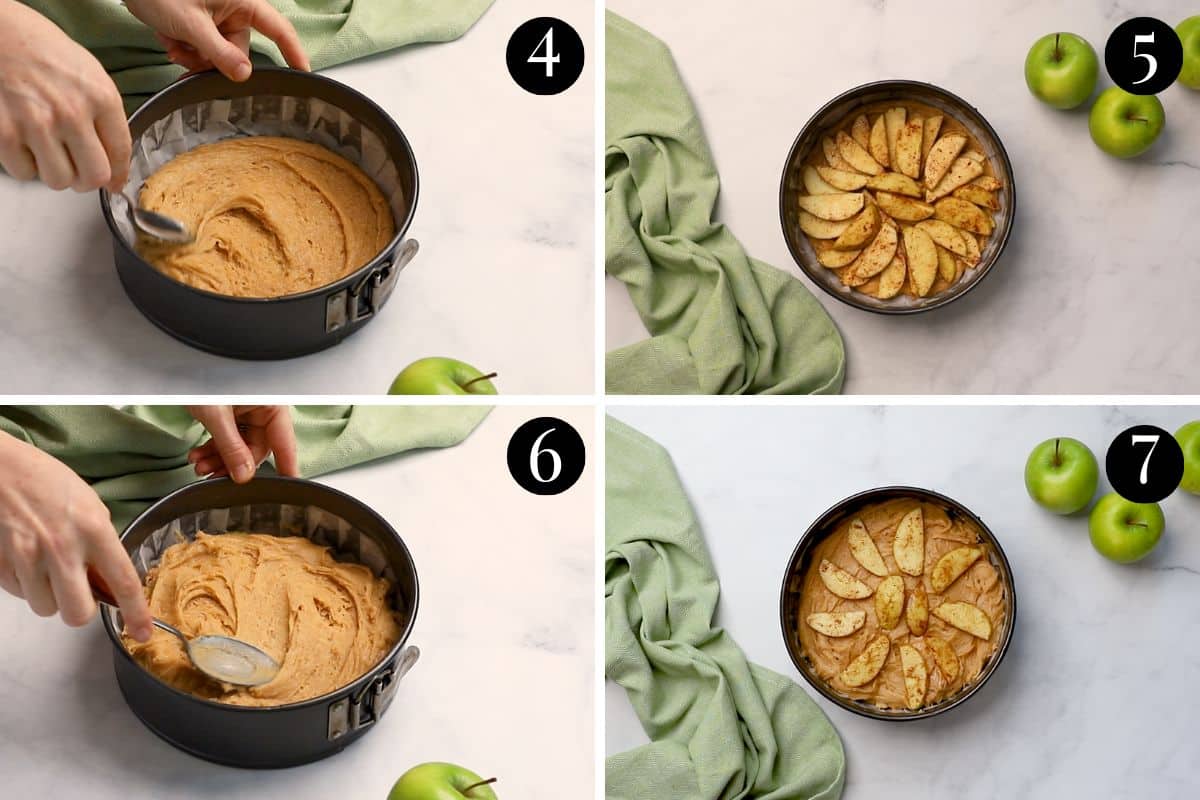 cake batter and sliced apples being layered in a cake tin.