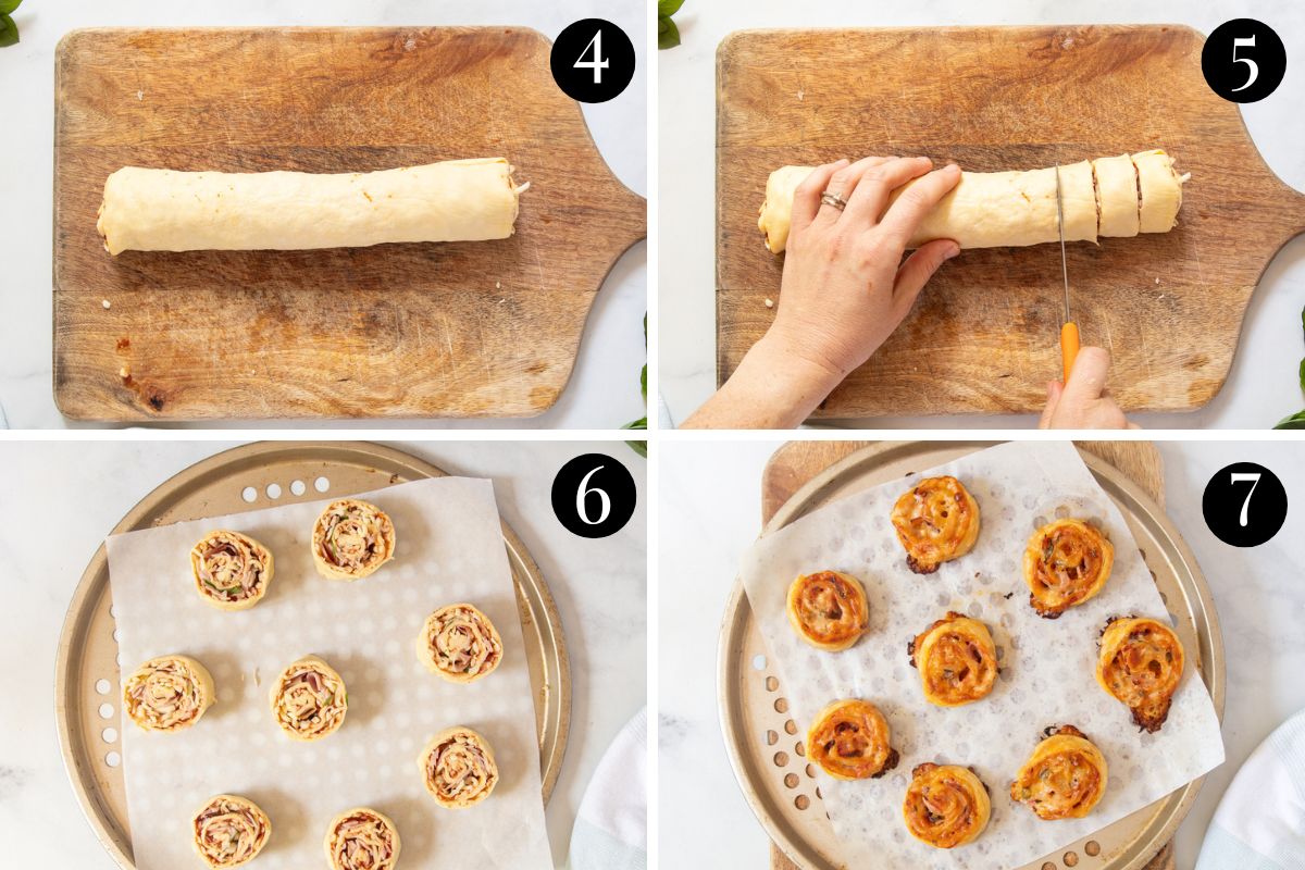 pizza scrolls being sliced on a wooden board, placed on a lined tray and baked in the oven.