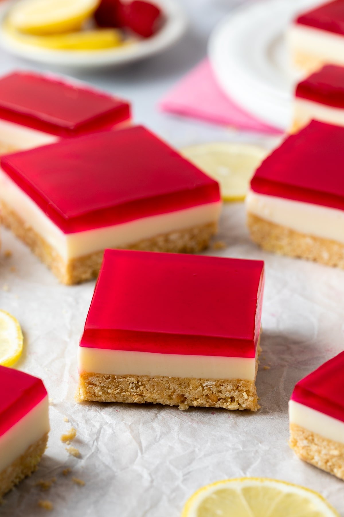 finished jelly slice, cut into pieces on a table.