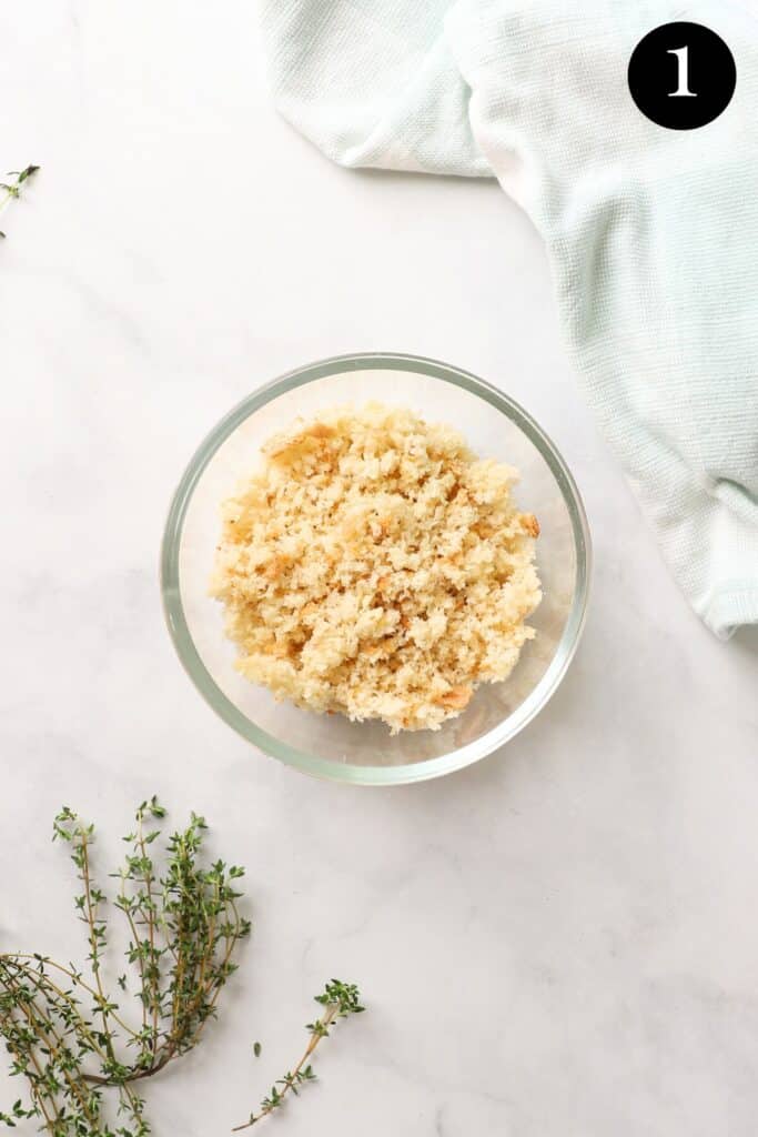 breadcrumbs in a glass bowl.