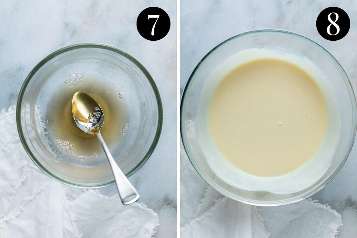 gelatine dissolved in water, and a bowl of condensed milk filling.