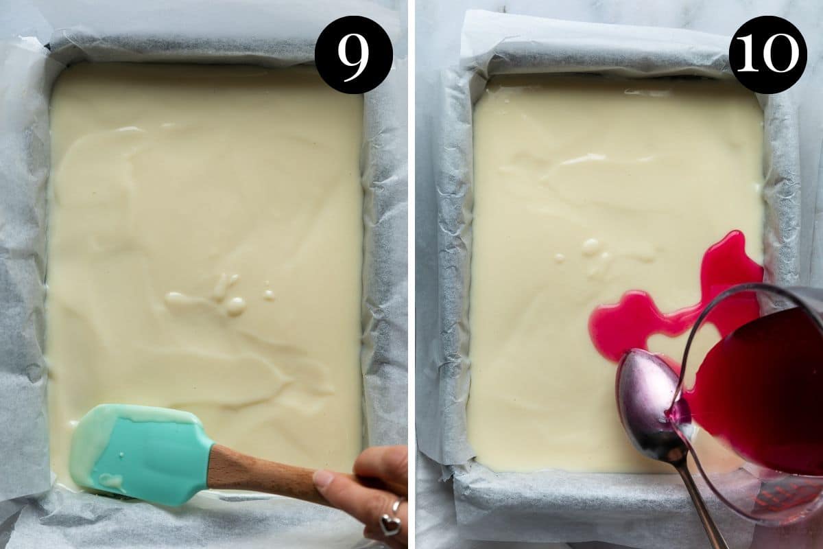 condensed milk layer spread into biscuit base. Jelly is being poured over the top.