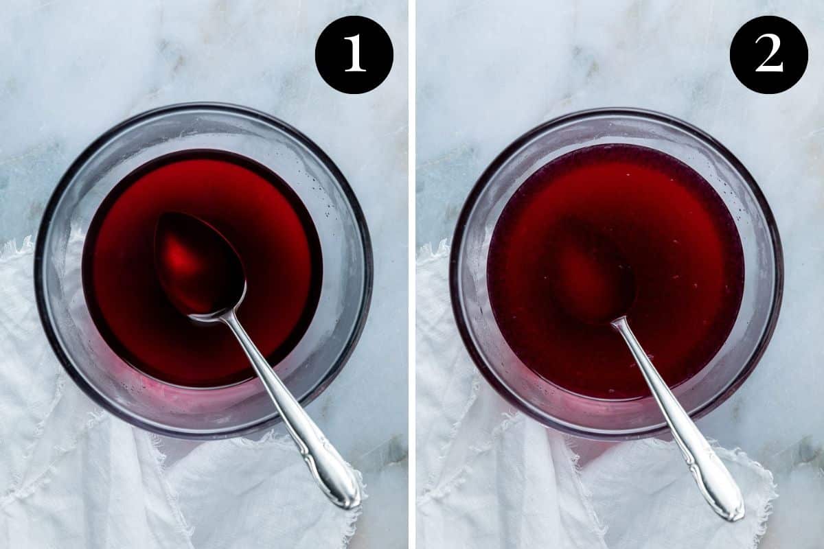 red jelly crystals dissolved in water.