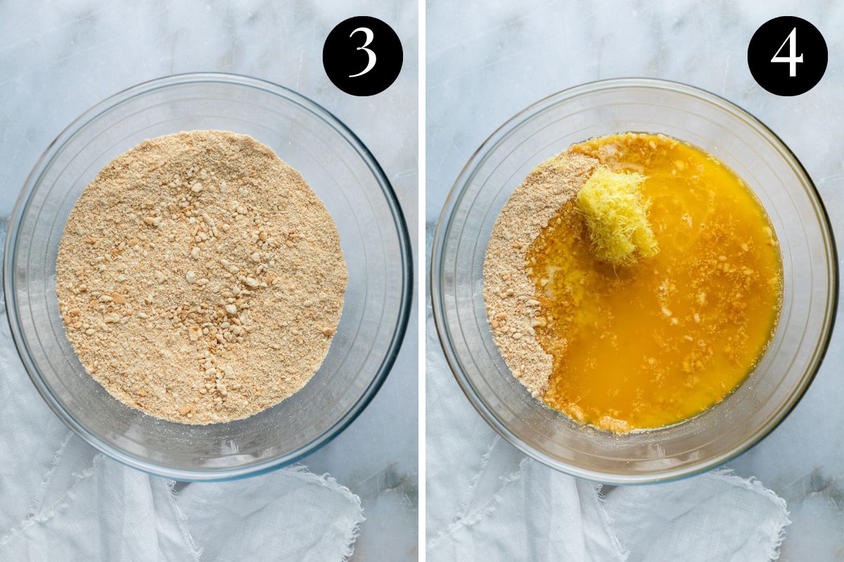 crushed biscuits in a bowl, with butter and lemon zest.