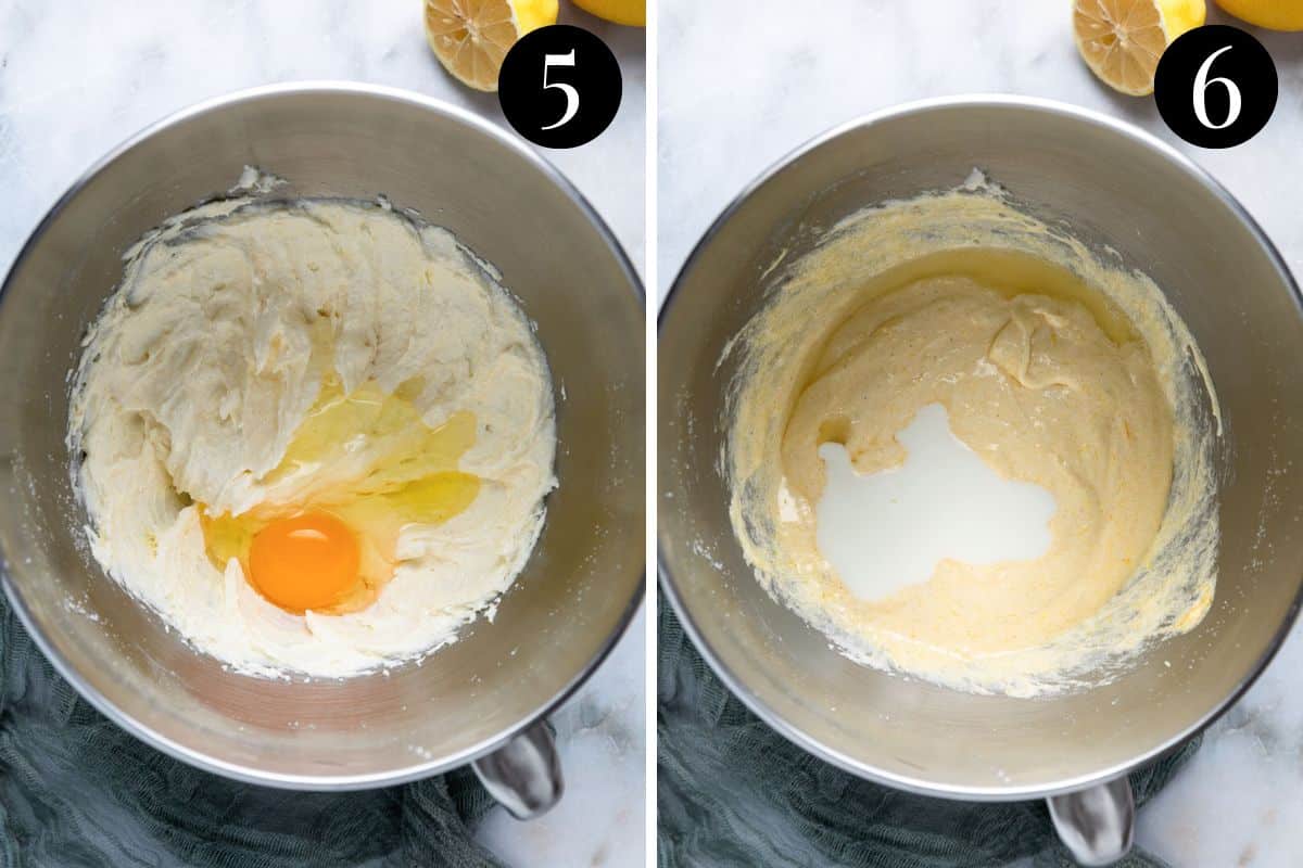 eggs and buttermilk being added to cake batter in a bowl.